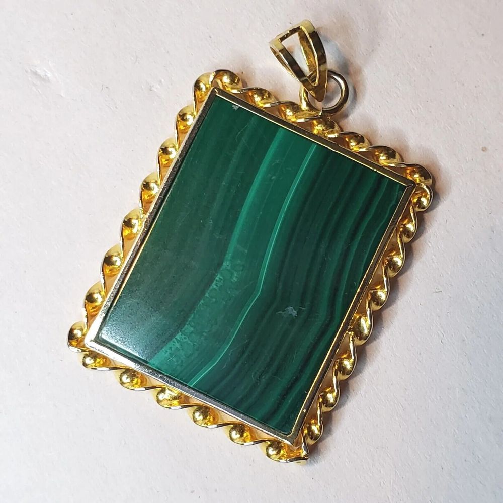 Natural MALACHITE Rectangle Slice Pendant 25mm W x 30mm H GOLD TONE for necklace